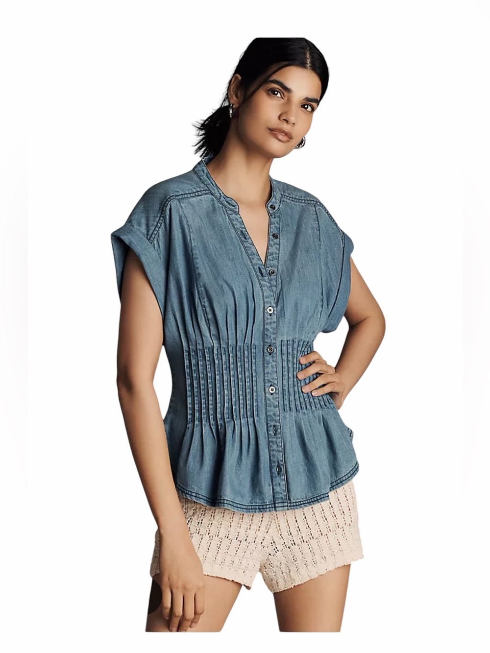 Pilcro Blue Denim Button-Front Pintuck Waist Shirt